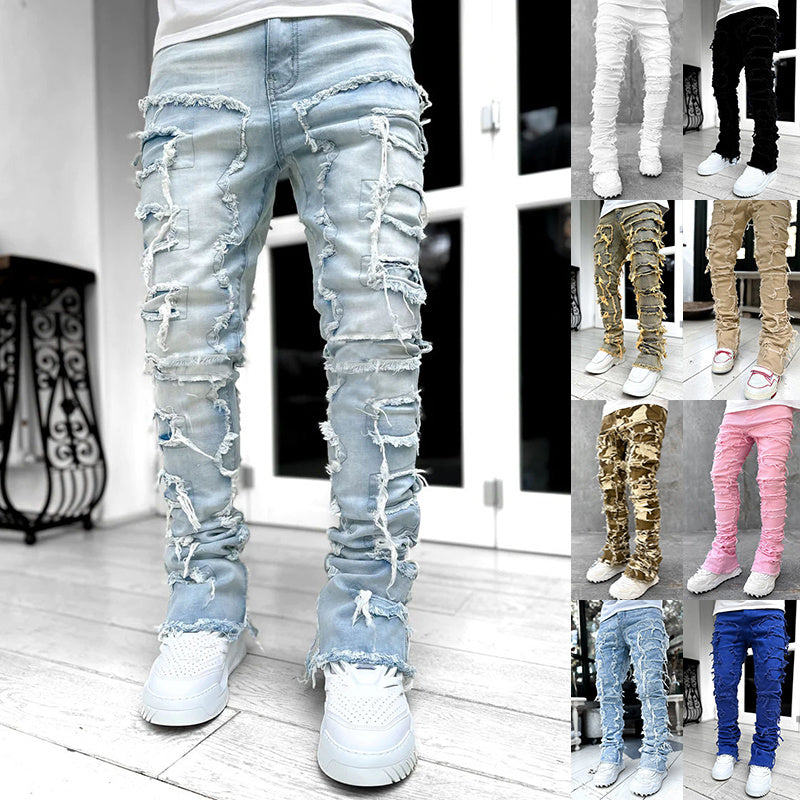 Men Trousers Individual Patched Pants Long Tight Fit Stacked Jeans